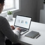 Persoon werkt aan laptop met geometrische interface op minimalistische witte werkplek met natuurlijk licht