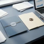Twee contractmappen op modern bureau — één met tijdelijk projectbadge, één met bedrijfszegel — naast laptop en IT-vendordocumenten.