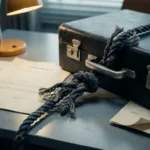 Rafelige touw geknopt aan vergrendelde aktetas op zakelijk bureau, met ongetekende contracten en dramatische amberkleurige schaduw.