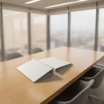 Twee witte mappen op houten vergadertafel met zachte schaduwen, moderne kantooromgeving met grote ramen op achtergrond