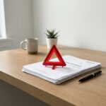 Rode waarschuwingsdriehoek op houten bureau met aanbestedingsdocumenten en zwarte pen in minimalistisch kantoor