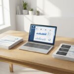 Laptop op houten bureau tussen stapels financiële documenten en code, minimalistisch kantoor met natuurlijk licht