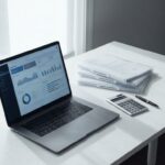 Professioneel bureau met laptop met dashboard, georganiseerde leverancierscontracten in mappen, calculator en pen
