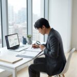 Zakenvrouw in pak bestudeert aanbestedingscontract aan modern bureau met laptop en analytics in kantooromgeving
