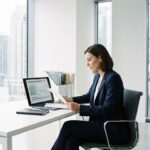 Professionele zakenvrouw in marineblauw pak bekijkt aanbestedingsdocumenten aan bureau met laptop en mappen