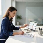 Professionele zakenvrouw in marineblauw jasje bekijkt aanbestedingsdocumenten aan wit bureau met laptop