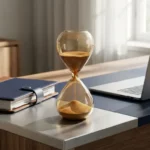 Zandloper op zakelijk bureau naast aanbestedingsdocument en laptop, symboliseert tijdsdruk bij inkoopprocessen.